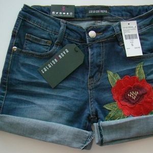 Embroidered Rose Patch Jean Shorts